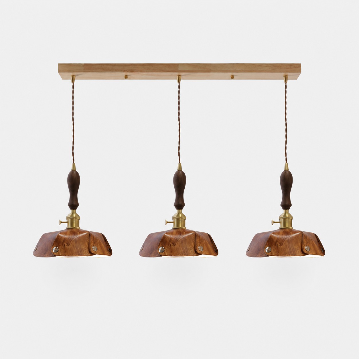 3-Light Linear Pendant Vintage Brown Leather Bar 100 cm / 39.4 in; Shade Dia. 30 cm / 11.8 in