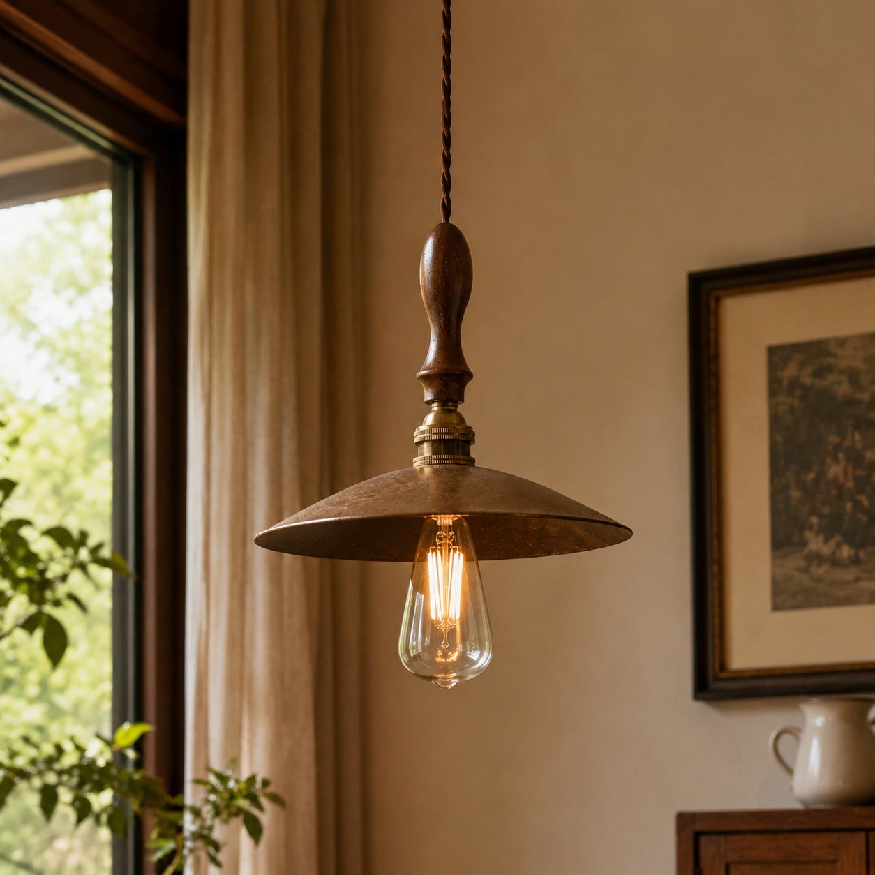 Vintage brass pendant installed in living space
