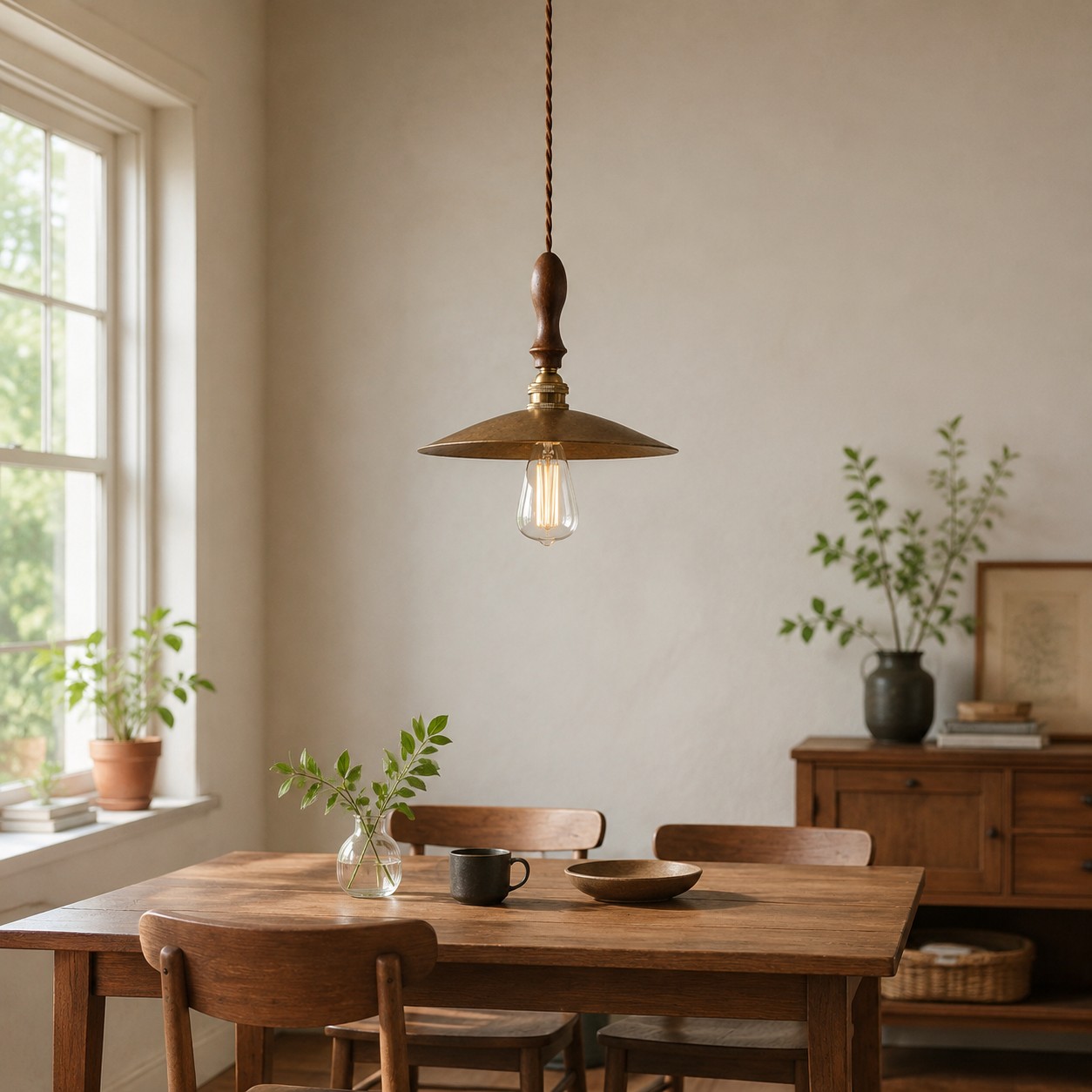 Vintage brass pendant above dining table