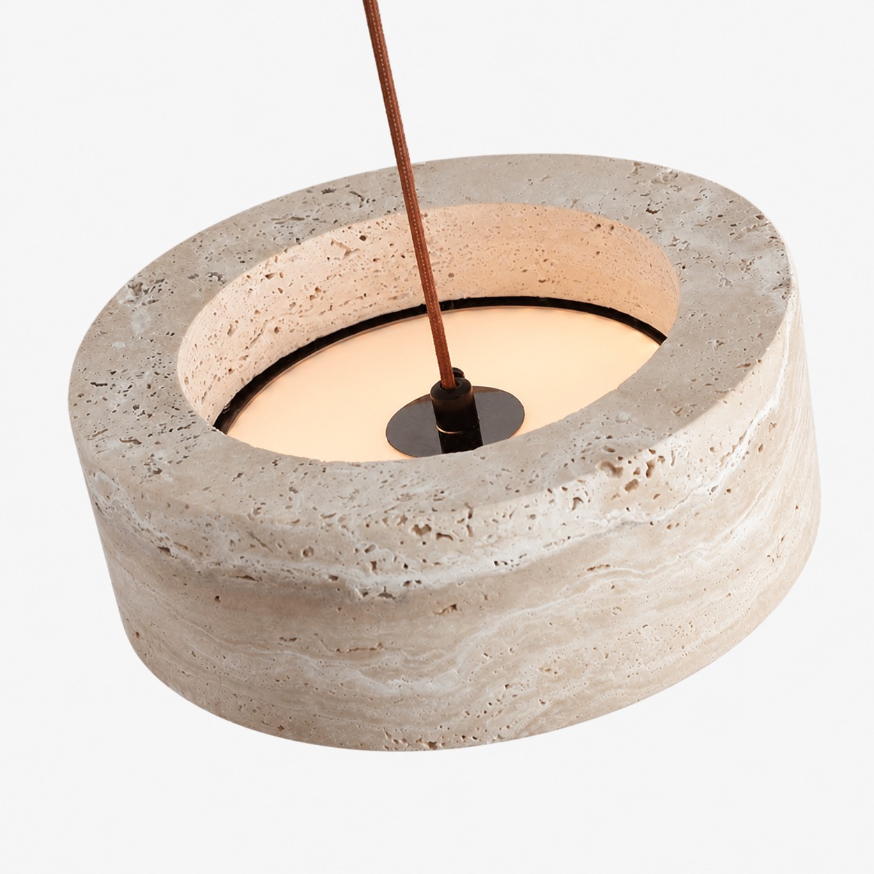 Yellow travertine LED pendant shade and suspension detail