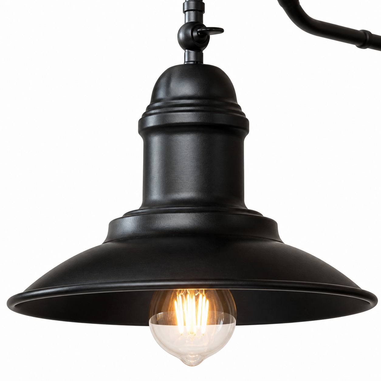 Close view of black metal bell shade and E27 socket opening