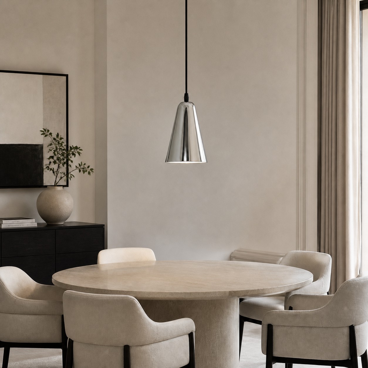 Tapered chrome pendant light above a contemporary dining table