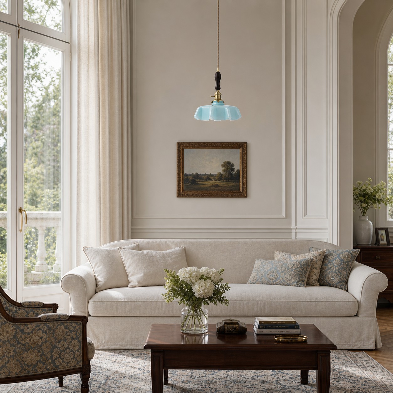 Vintage scalloped opaline glass pendant light view 2