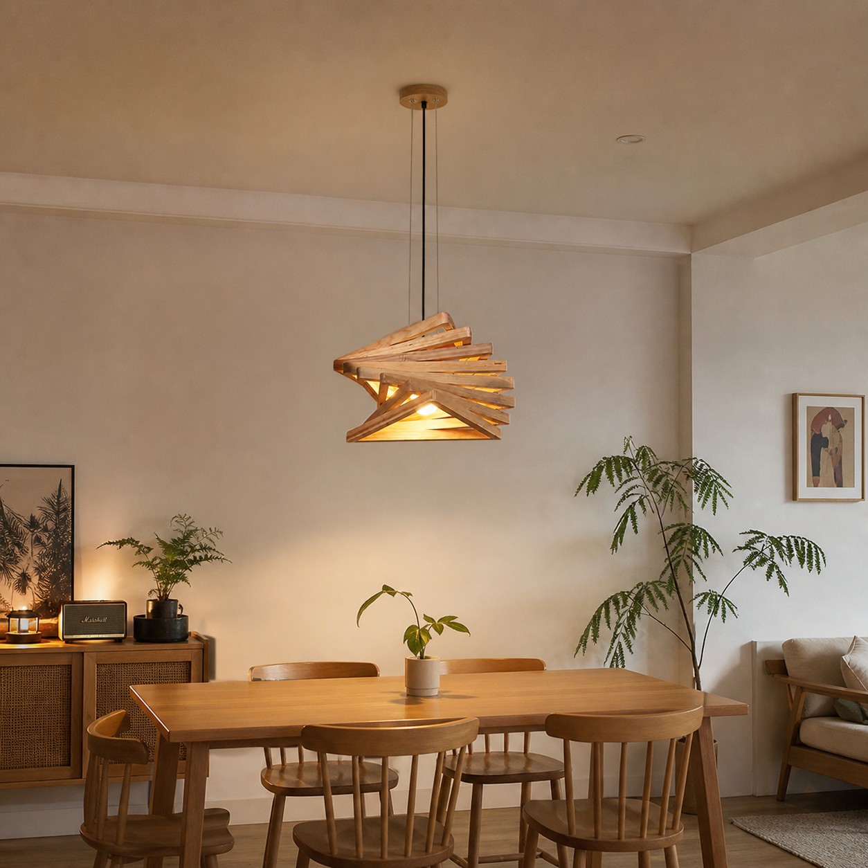 Wooden pendant light in a dining room setting