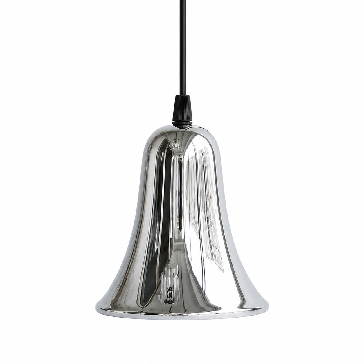 Bell-shaped chrome brass mini pendant light on a white background