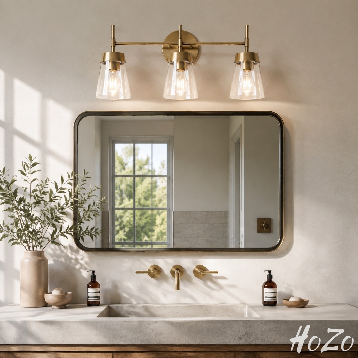Badezimmer-Wandleuchte aus gebürstetem Messing mit 3 Leuchten, Szene 1