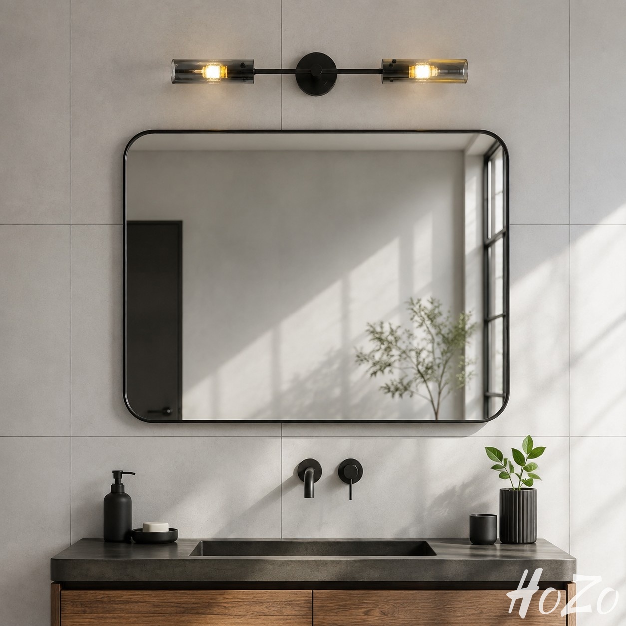Moderne Kupfer-Wandleuchte für Badezimmer mit Glasröhrenschirm, Raumszene 3