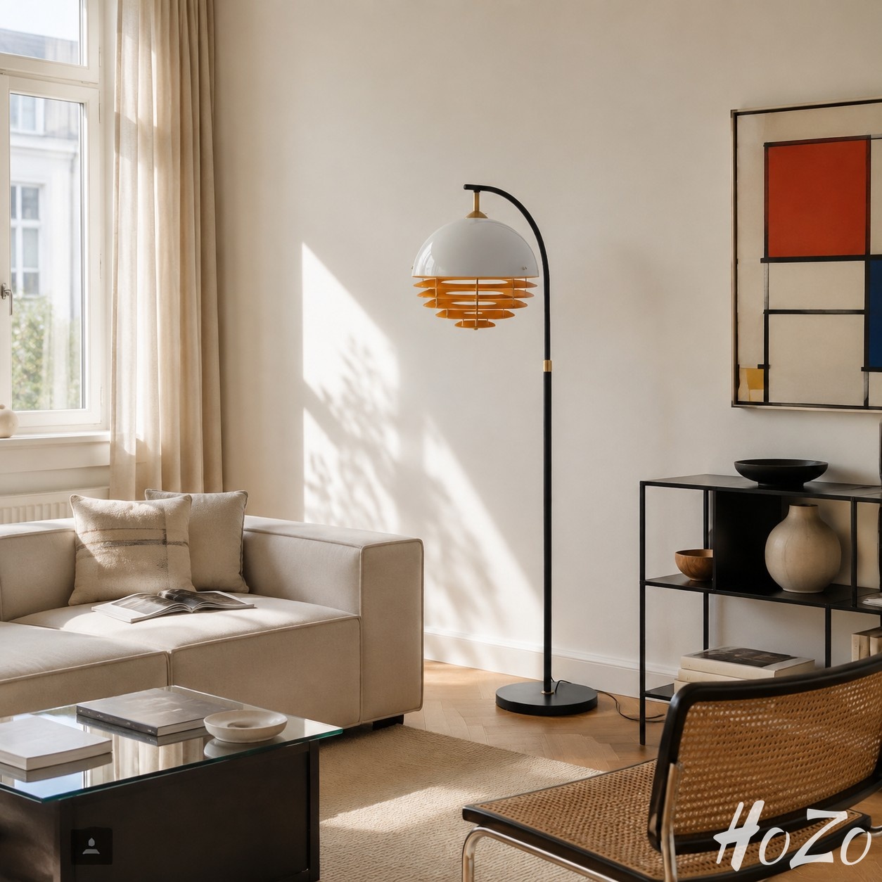 Afterglow Sunset gebogen vloerlamp - Vintage glazen kap voor slaapkamer scène 1