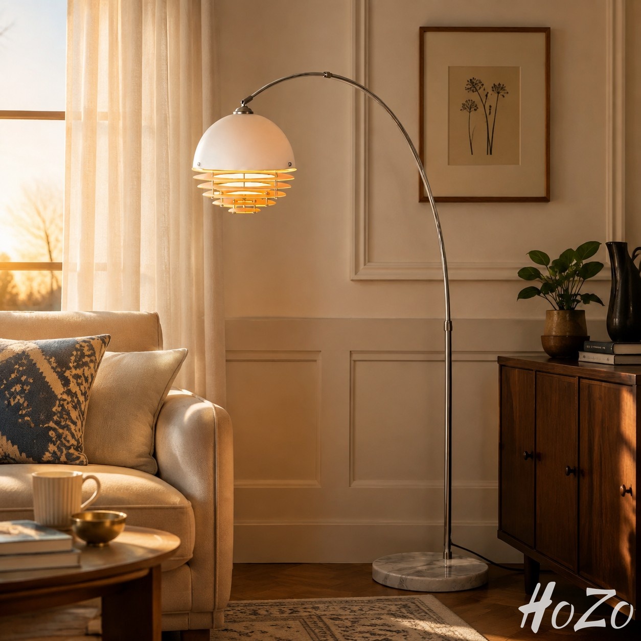 Afterglow Sunset gebogen vloerlamp - Vintage glazen kap voor slaapkamer scène 2