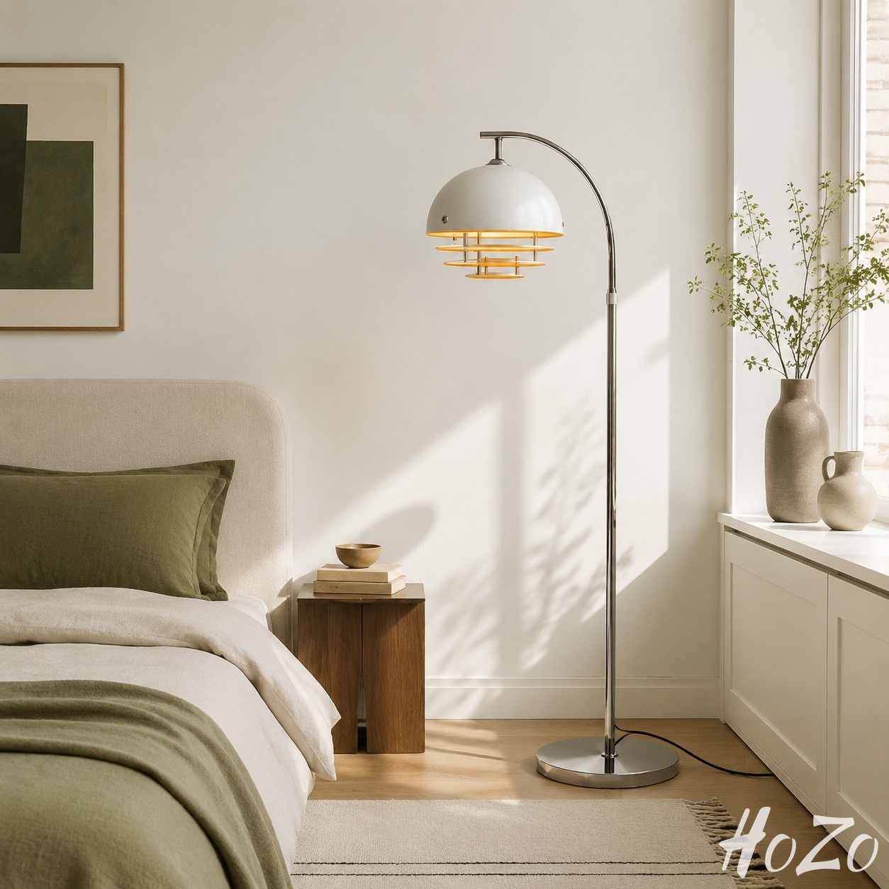 Afterglow Sunset gebogen vloerlamp - Vintage glazen kap voor slaapkamer, kamer scène 4