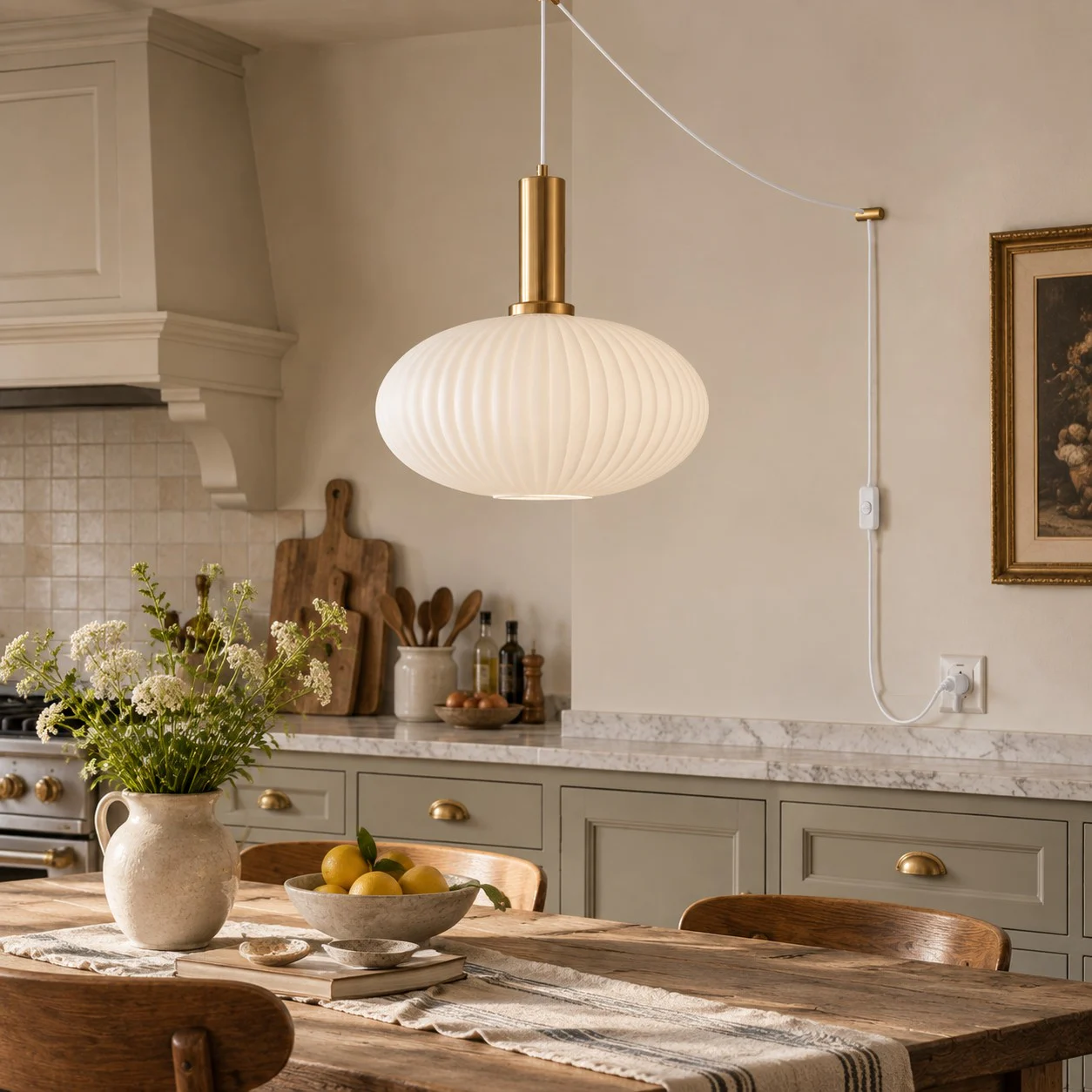Retro ribbed glass plug-in pendant light in a home interior