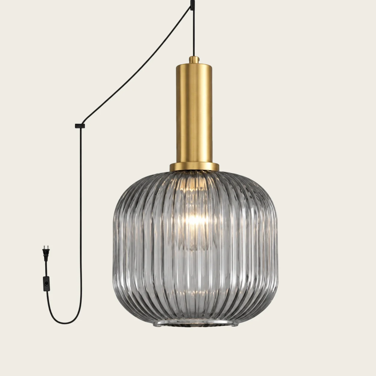 Smoky Grey Model B Small ribbed glass plug-in pendant light