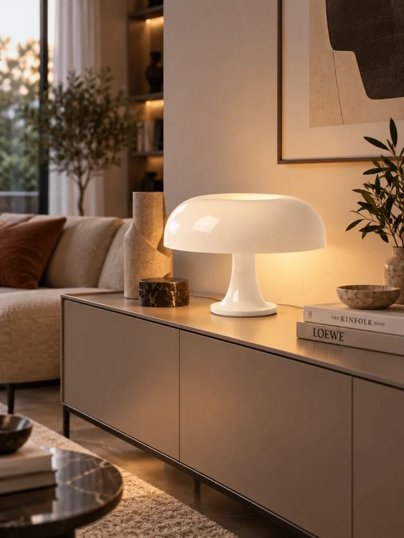 Lámpara de mesa seta de acrílico brillante en un interior