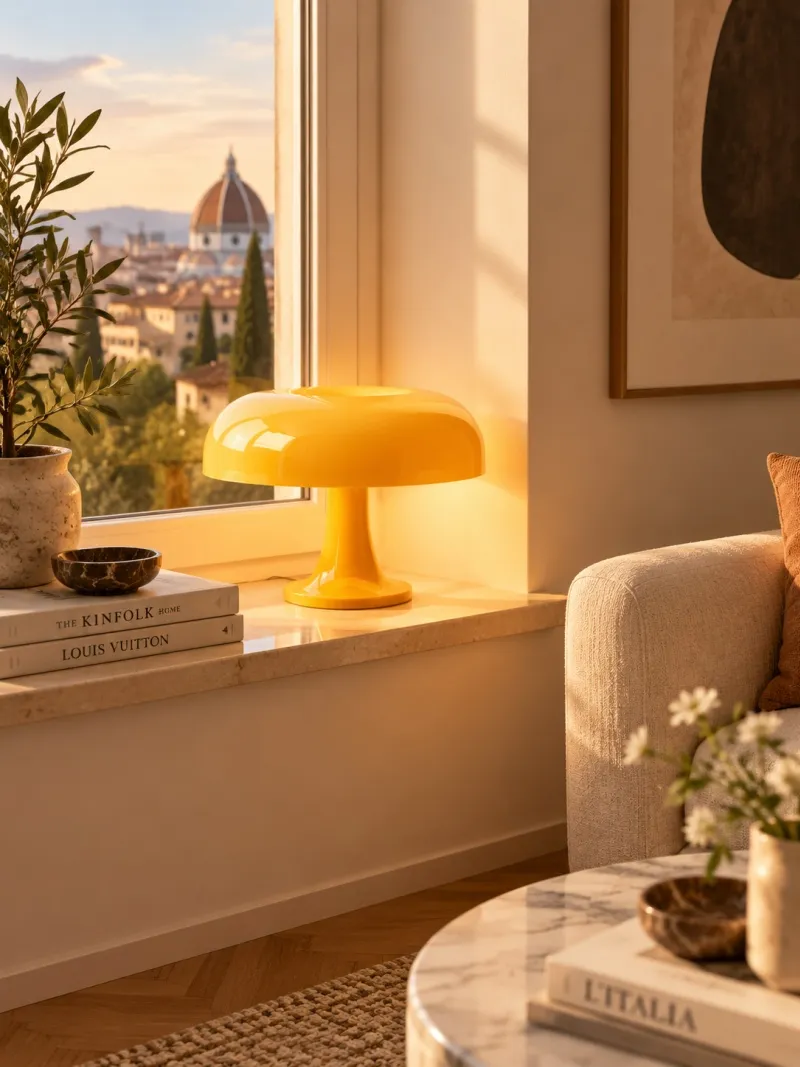 Lámpara de mesa seta de acrílico brillante en un interior